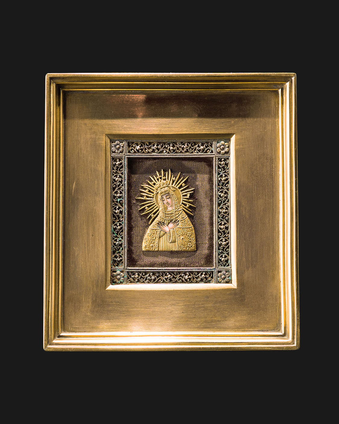HI 2 Icon of Our Lady of the Dawn Gate in gilded frame with enamel, 19th century